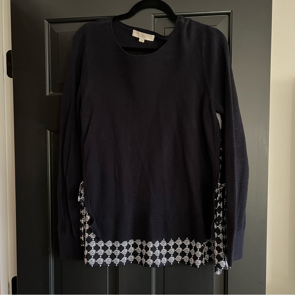 Navy blue Loft sweater with blouse detail at bottom